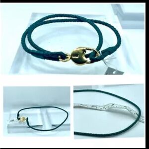 New Tory Burch Green Braided Goldtone Heart Lock Triple Wrap Leather Bracelet